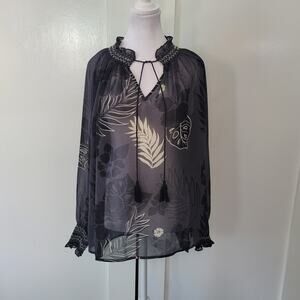 cabi Size L Sheer‎ Floral Leaf Print Long Sleeve Blouse Romantic Boho Feminine